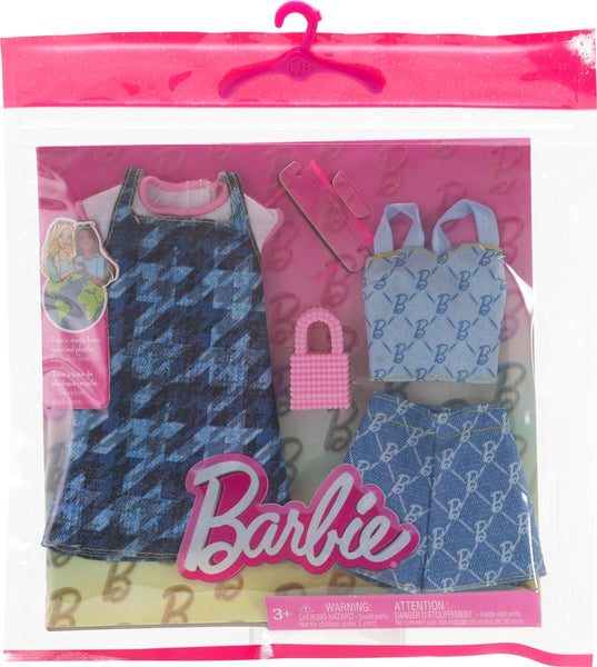 Barbie HRH45 Fashion Accessories - Barbie Outfit Denim Dress with Houndstooth Pattern, Denim Shorts and Tank Top