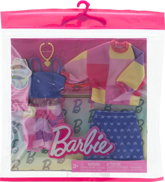 Barbie HRH42 Fashion Accessories - Barbie Outfit Denim Crop Top, Heart Skirt, Heart Sunglasses, Pink Patchwork Top and Shorts