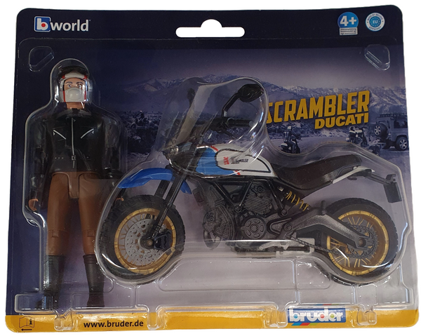 Bruder 63051 Male Figure with Light Skin and Desert Ducati Scrambler Motorbike
