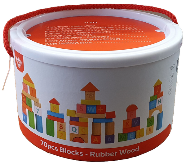 Tooky Toys - 70 Pieces Blocks Bucket - Rubber Wood