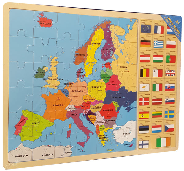 Wooden Jigsaw Puzzle - Europe Map and Flags