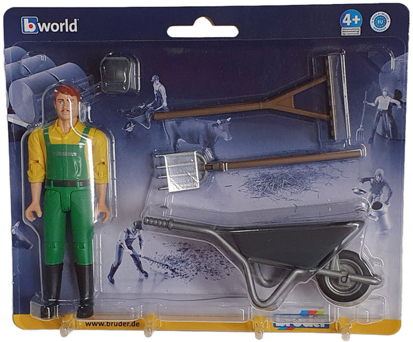 Bruder 62610 Male Figure with Light Skin/Green Overalls and Wheelbarrow